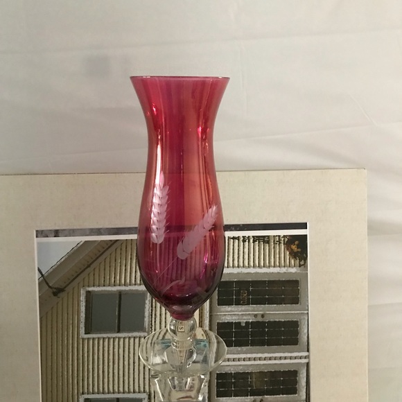 Vintage Accents Vintage Stunning Cranberry Etched Glass Vase Poshmark